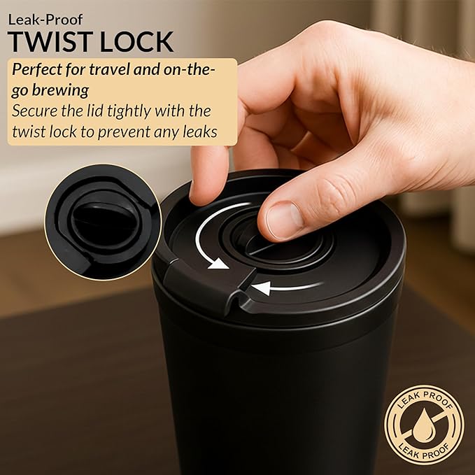 Travel French Press Black15oz Stainless Steel Double-Walled Vacuum Insulated Travel Coffee Mug with Leak-Proof Locking Lid, Keeps Coffee Hot 4 Hrs Portable for Camping, Office, Car, Premium Gift