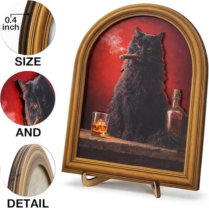 3D Funny Black Cat Smoking Wall Art Sign for Man Cave Decor, Whiskey Bar Cat Portrait Decor, 8x10 Inch