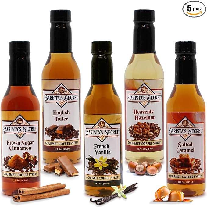 Barista's Secret® Coffee Syrups Variety Pack – Gourmet Flavored Syrup Set for Coffee, Drinks & Desserts – French Vanilla, Caramel, Hazelnut, Toffee, Brown Sugar Cinnamon – 5 Pack, 12.7 oz Each