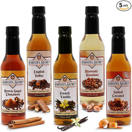 Barista's Secret® Coffee Syrups Variety Pack – Gourmet Flavored Syrup Set for Coffee, Drinks & Desserts – French Vanilla, Caramel, Hazelnut, Toffee, Brown Sugar Cinnamon – 5 Pack, 12.7 oz Each