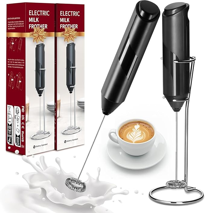 YSSOA Electric Milk Frother Handheld with Stainless Steel Stand Battery Operated Whisk Drink Mixer for Coffee, Frappe, Latte, Hot Chocolate, Matcha, Mini Hand Blender, Black 2 Pack