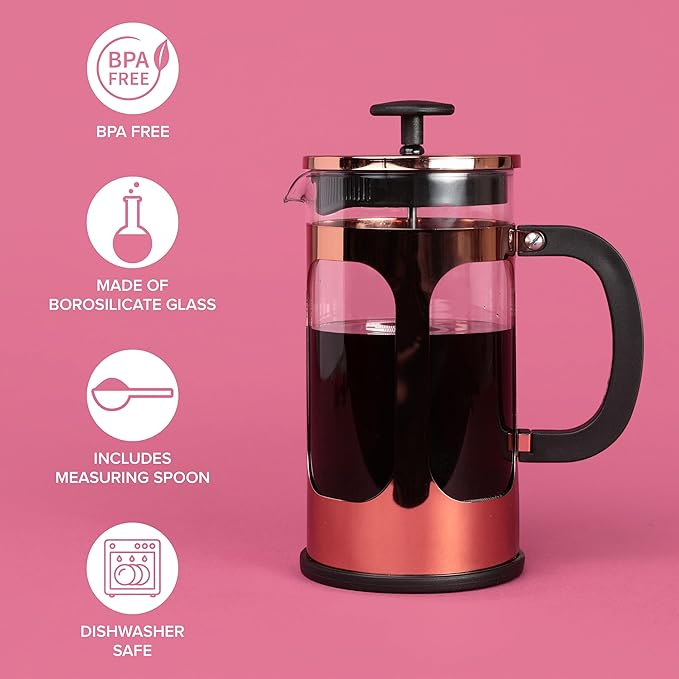 Farberware French Press Coffee Maker, Tea & Espresso Maker, Stainless Steel Cold Brew Press, Heat-Resistant Borosilicate Glass, BPA-Free, Measuring Spoon Included, 8 Cup Capacity (Rose Gold)