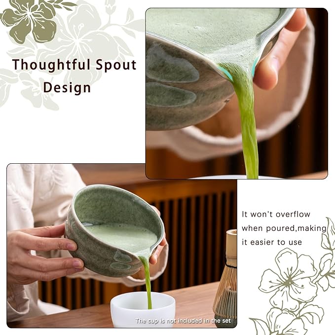 Matcha Set, Matcha Bowl with Spout, Matcha Whisk and Holder, Bamboo matcha Scoop and Stainless Sifter - 5 Pcs Jade Green Matcha Set Kit for Matcha Lover
