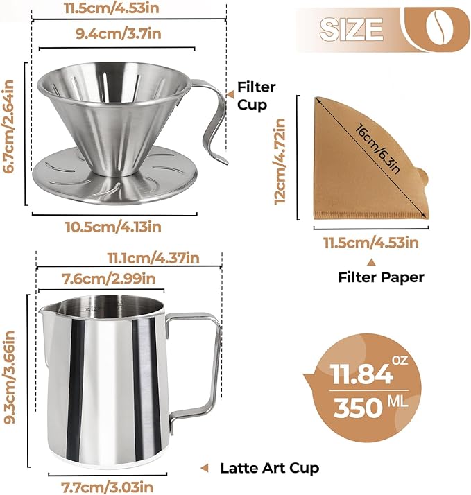 Pour Over Coffee Maker 350ml Milk Frothing Pitcher 304 Thickened Stainless Steel Drip Coffeemaker Set with 50pcs V60 Cone Paper Filters Hand Brew Dripper Carafe for Home Camping Travel 12oz
