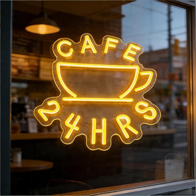 Cafe 24 HRS Neon Sign, Coffee Cup Accent USB Powered Decorative Neon Light for 24 Hour Cafe Shop Restaurant Home Wall Table Food Service Theme Decor 16.1 x 15 In by Brighten%E2%80%98Neonawall%E2%80%99NeonSign