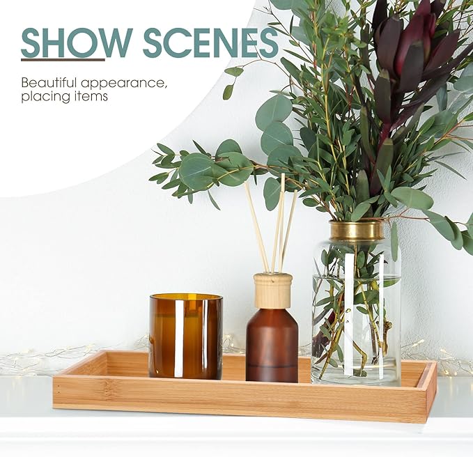 Chengu 3 Pcs Bamboo Vanity Trays for Bathroom Small Wooden Serving Tray for Bathroom Counter Food Appetizer Tea Dessert Kitchen Candle Tissue Toilet Tank Home Decor, 11 x 4 Inch(Rectangle Style)