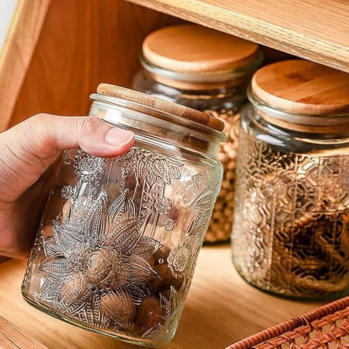 ANSQU 2 Pack Vintage Glass Storage Jar, 23.7 FL OZ Glass Food Storage Containers with Bamboo Lid, Candy Jars with Lids for Kitchen Counter, Pantry, Coffee, Tea, Sugar