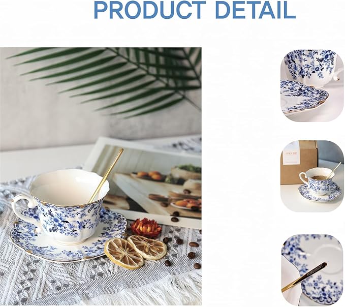 Vintage Floral Porcelain Tea Cup and Saucer Set with Gold Trim, Spoon, Espresso, Coffee, Gift Boxes (4, China Flower)