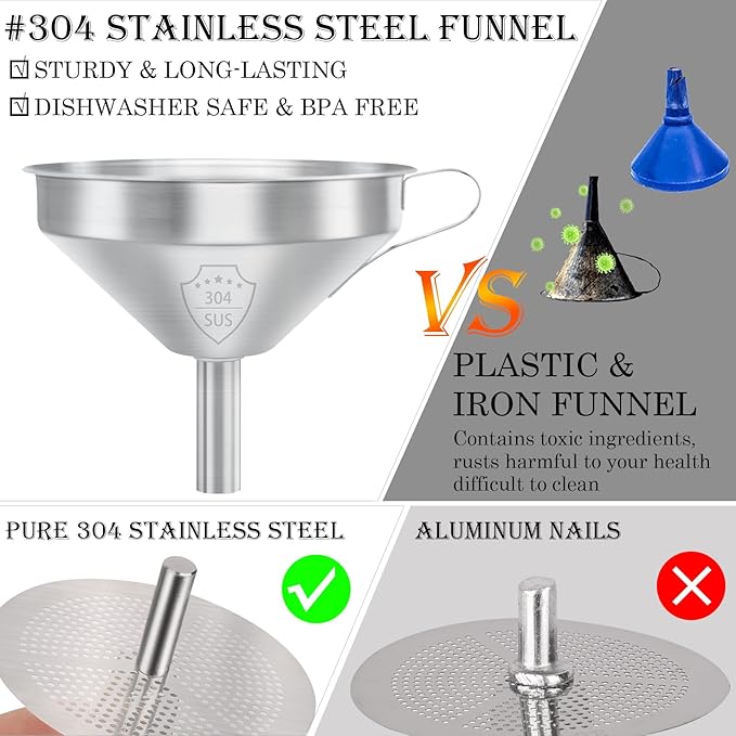 WMKGG 304 Stainless Steel Funnel, 5 Inch Funnels for Kitchen Use Filling Bottles, with 200 Mesh and 100 Mesh Fine Mesh Strainer, for Oils, Juice, Wine, Coffee, Milk, Tea, Powder