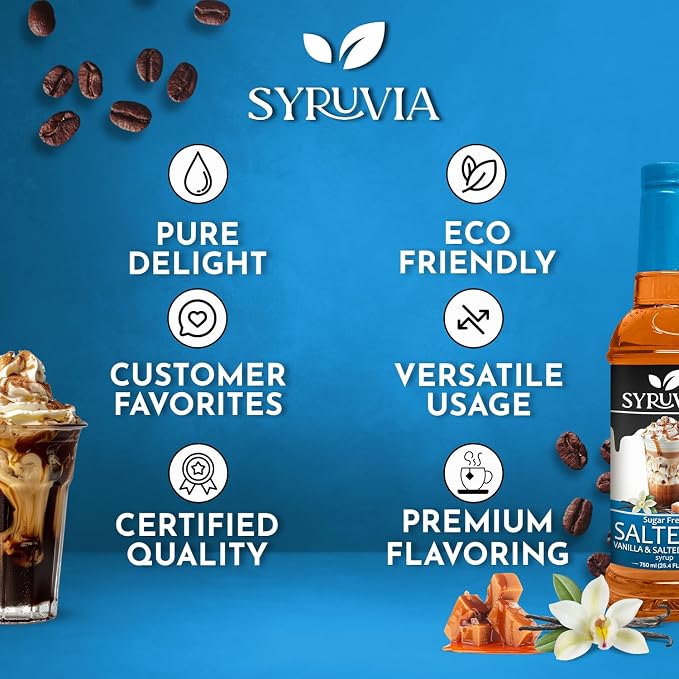 Syruvia Sugar Free Coffee Syrup, SALTELLA Syrup, Vanilla Salted Caramel Flavored Syrup for Drinks, Lattes, and Desserts – 25.4 fl oz, With Pump - Image 5