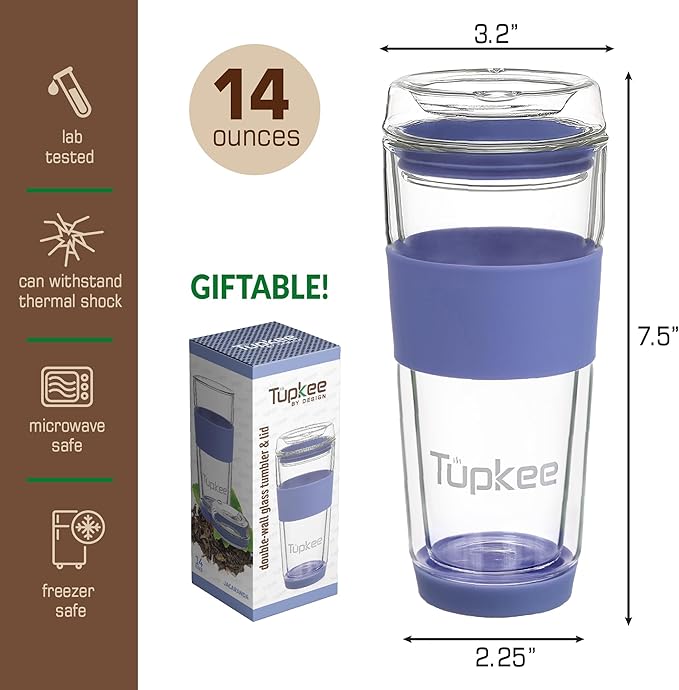 Tupkee Double Wall All Glass Tumbler - 14-Ounce, Reusable Insulated Tea/Coffee Mug & Lid, Hand Blown Glass Travel Mug - Jacaranda - 2 Pack