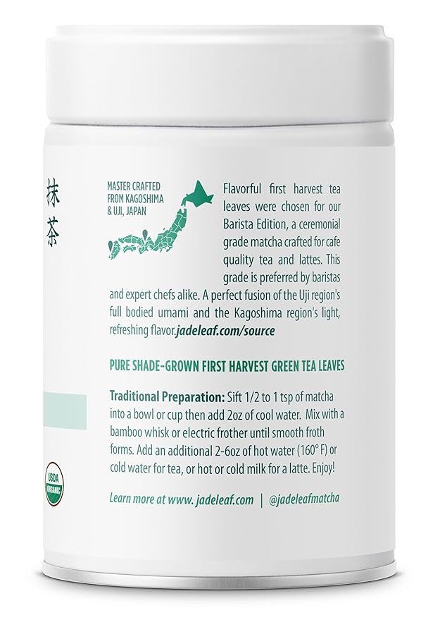 Jade Leaf Matcha Organic Ceremonial Grade Matcha Green Tea Powder - Barista Blend - 100% Pure Japanese First Harvest Green Tea for Lattes from Uji and Kagoshima, 100g / 3.53 Ounce (Pack of 1)