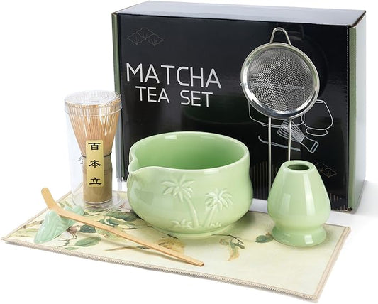 Matcha Whisk Set -7 Pcs Ceramic Matcha Kit Includes Matcha Bowl,Holder,Matcha Sifter, Bamboo Whisk (Chasen),Matcha Spoon and Scoop and Tea Towel,Matcha Kit for Matcha Lovers(Cyan)
