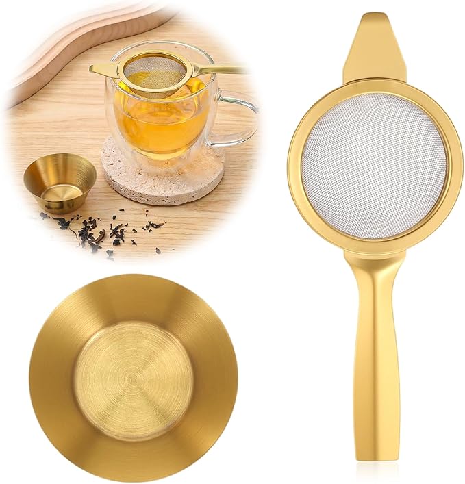2 Pcs 2.36 Inch Mini Matcha Sifter, 30 Fine Mesh Stainless Steel Tea Strainer Dual-Use Matcha Sifter with Drip Cup for Loose Tea Coffee(gold)