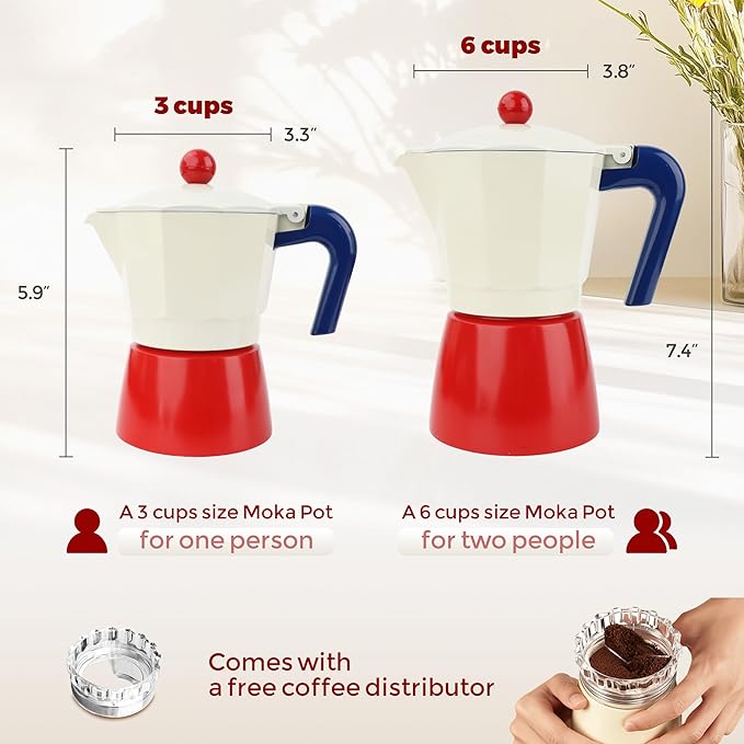 ShanSon Moka Pot Stovetop Espresso Maker 3 Cup 5 oz Italian Coffee Maker Manual Cuban Coffee Percolator Machine Italian Espresso Greca Coffee Maker for Cappuccino or Latte,Red/White