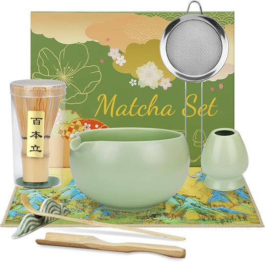 HengLiSam 8PCS Matcha Whisk Set, Ceramic Matcha Kit Set, Japanese Tea Ceremony Tools with Matcha Bowl, Bamboo Whisk, Holder, Sifter, Scoop, Tea Cloth, Spoon and Scoop Stand (Green)