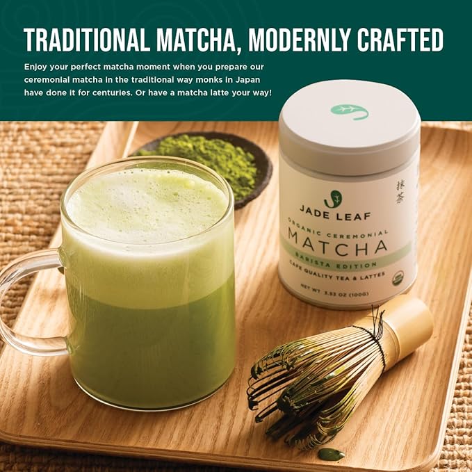 Jade Leaf Matcha Traditional Matcha Starter Set (Bamboo Whisk and Scoop, Stainless Steel Sifter) and Organic Ceremonial Matcha (30g Pouch)