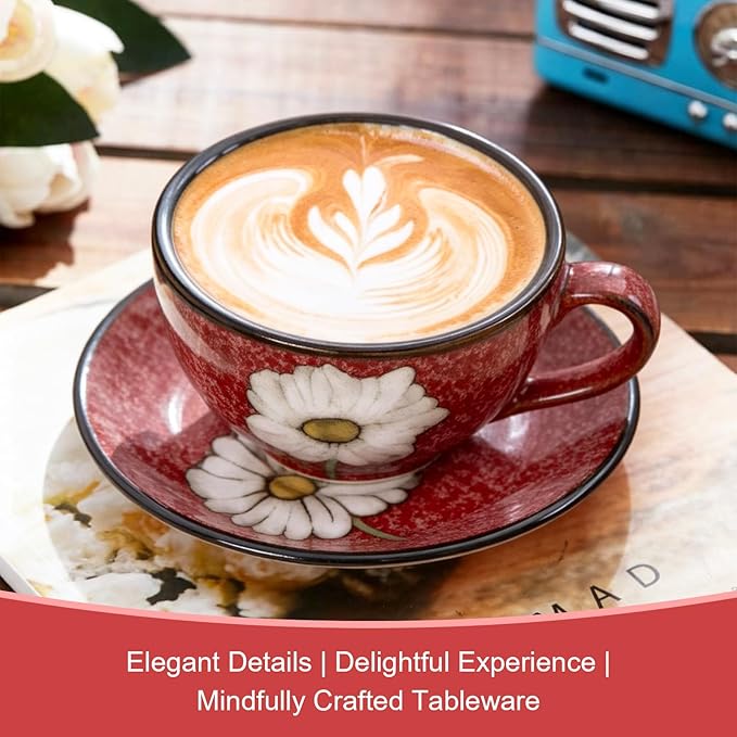 8 Oz Floral Porcelain Cappuccino Cups with Saucers Set of 4, Stoneware Tea Coffee Mugs for Home Kitchen & Office, Dishwasher Microwave Oven Safe, for Espresso, Latte, Americano, Milk & Tea, Mix