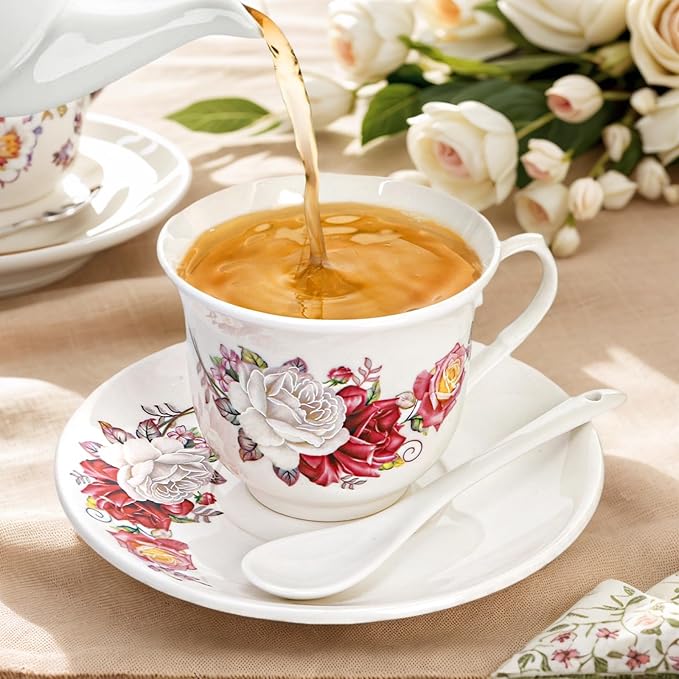Tea Cups and Saucers Set of 6, 6 Oz Porcelain Floral Tea Cups with Spoon, Bone China Coffee Cup Saucer Gift Set for Cappuccino, Espresso, Latte, Cafe Mocha, Microwave Safe