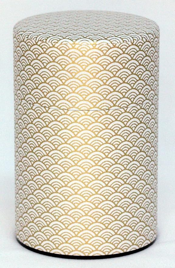 Washi Paper Tea Tin Canister: Long 5.3oz (150g) White Waves with Gold Outlines (#1), Japan