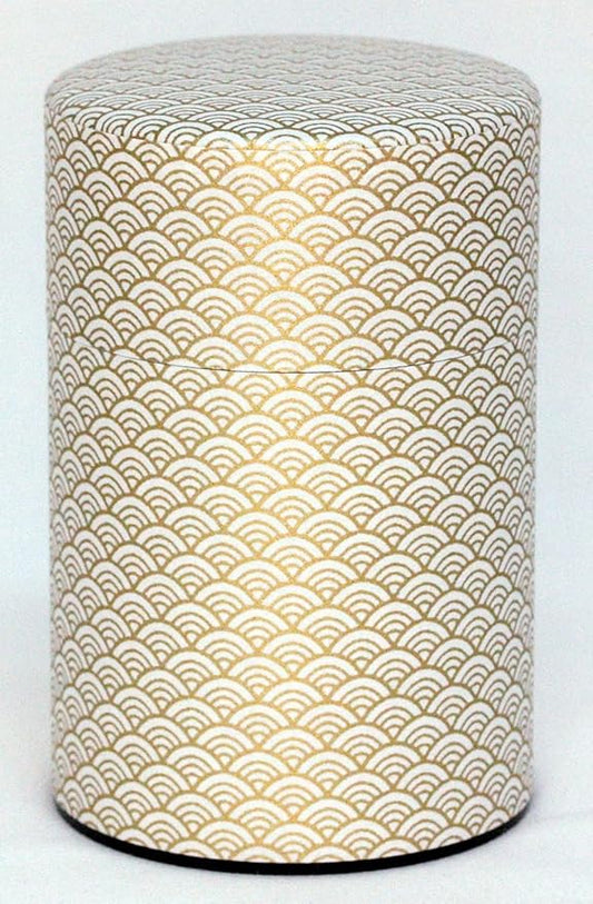 Washi Paper Tea Tin Canister: Long 5.3oz (150g) White Waves with Gold Outlines (#1), Japan