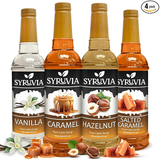 Syruvia Coffee Syrup Variety Pack Vanilla, Caramel, Hazelnut & Salted Caramel Kosher, 25.4 fl oz bottles - Elevate Your Coffee Experience!