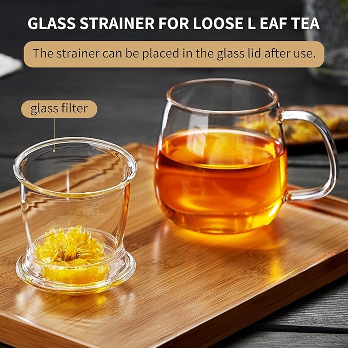 Large Glass Tea Cup, 25.6 oz Borosilicate Glass Tea Mug with Infuser and Lid, Clear Tea Cups for Brewing Scented Tea and Tea Bag.