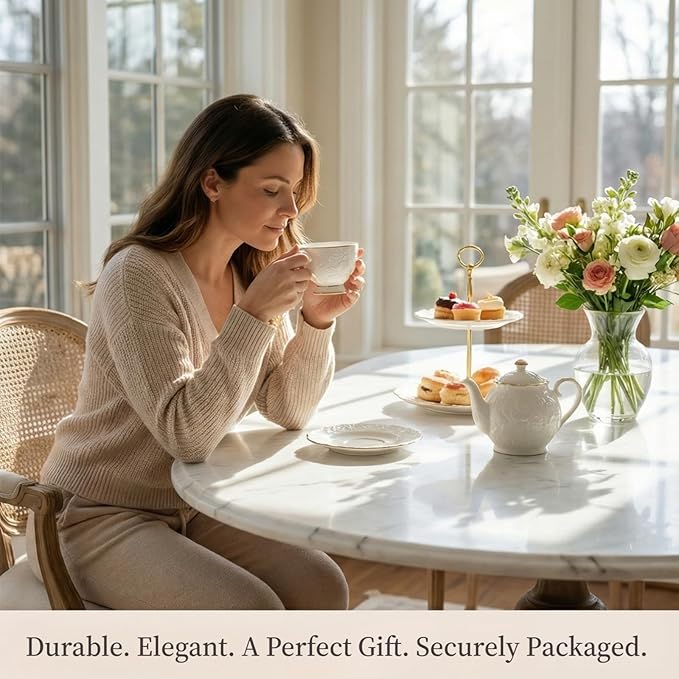 Tea Cup and Saucer Set for 1, Coffee Cup with Saucer and Spoon, Espresso Latte Cup for Women Gift, Dishwasher Safe, 6.8 Oz