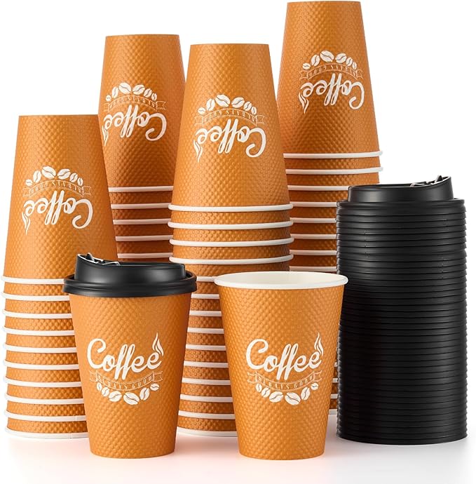 Tamone 100 Pack 12 oz Disposable Coffee Cups with lids, Insulated Ripple Double-Walled Paper Coffee Cups for Party Wedding, Drinking To Go Coffee Cups with Lids for Coffee, Tea, Chocolate