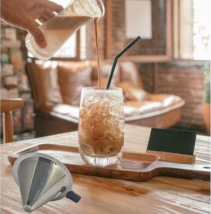 Double Mesh Pour Over Coffee Filter Set-300+600 Mesh Reusable Stainless Steel Coffee Filter with Detachable Handle,Easy Clean,2-in-1 for Drip/Cold Brew/Espresso,Fits Most V60/Chemex Brewers