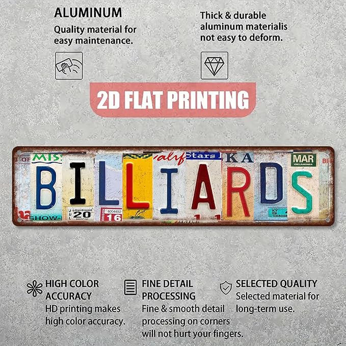 Billiards Metal Sign – Vintage License Plate Style Wall Decor – Rustic Tin Plaque for Man Cave, Game Room, Pool Hall & Pub Bar – Retro Industrial Design with Pre-Drilled Holes 16x4 Inch Aluminum (Diversity-03) - Image 3