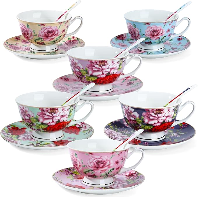 BTaT- Floral Tea Cups and Saucers with Spoon, 8 oz, 6 Set, Porcelain Tea Cups Sets, Dishwasher Safe