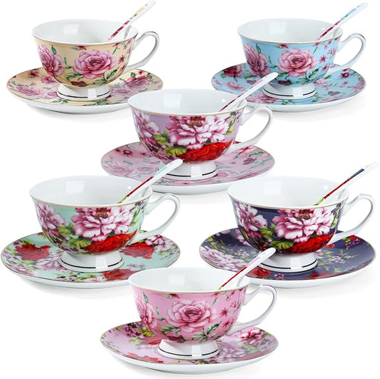 BTaT- Floral Tea Cups and Saucers with Spoon, 8 oz, 6 Set, Porcelain Tea Cups Sets, Dishwasher Safe