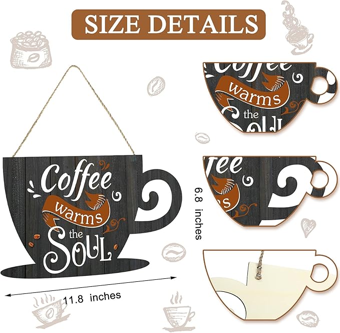 Jetec Coffee Bar Business Door Sign Wooden Wall Hanging Sign Rustic Farmhouse Cup Plaque Coffee Warms The Soul for Shop Store Window Restaurants Decoration 11.8 x 6.8 Inches