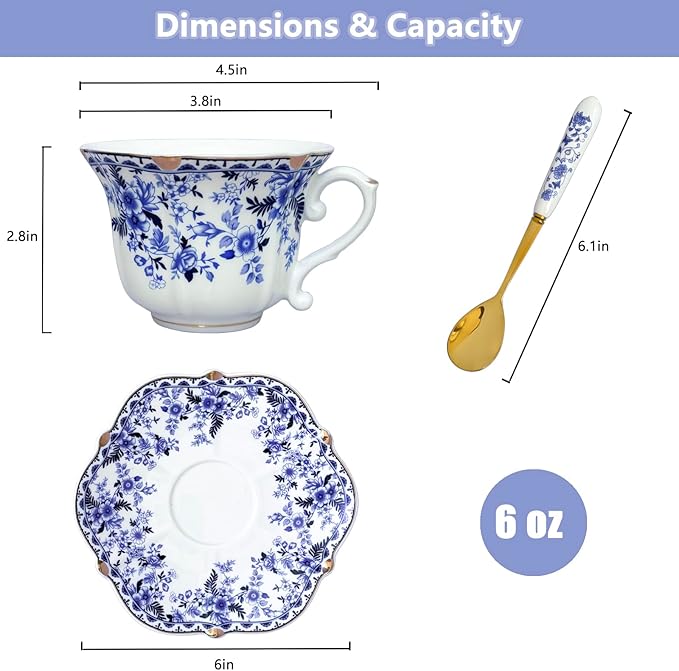 Noviko 6 oz Ceramic Tea Cups and Saucers Set Vintage Floral Teacup for Women