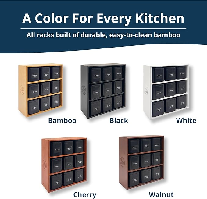 AllSpice Tea Organizer Rack with 9 Tins & 160 Magnetic Labels – Perfect for Bagged & Loose Leaf Tea Organization - Cherry