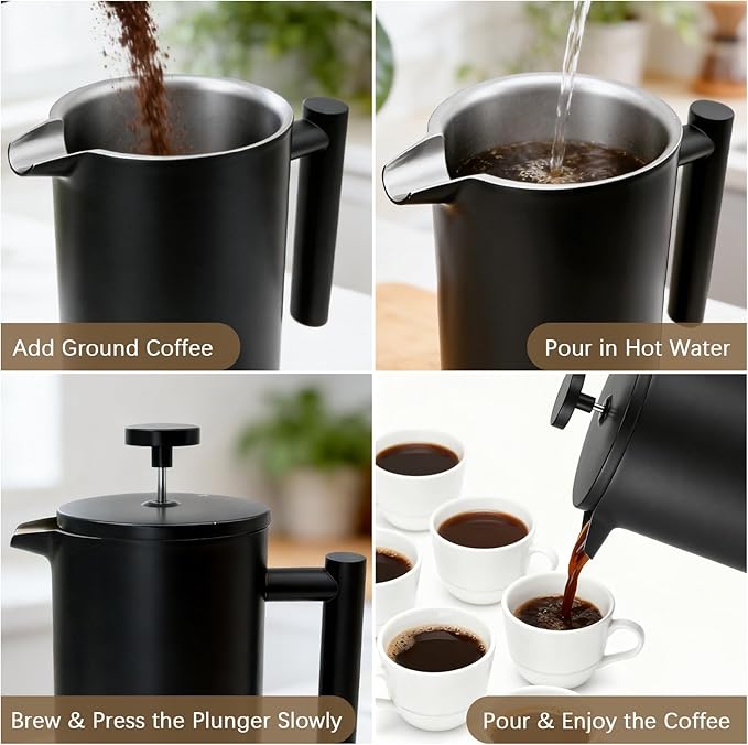 French Press Coffee Maker, 304 Grade Stainless Steel French Press with 2 Extra Filters for Home, Office, Travel, Camping - 34OZ/2 Litre (Black)