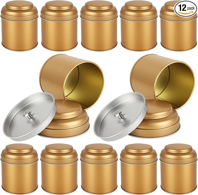 Acrux7 12 Pack Small Tea Tin Canisters with Airtight Lids, 8oz Loose Leaf Tea Storage Containers, Round Metal Airtight Tea Tins Containers for Herbs, Spices, Coffee, Loose Tea, Cube Sugar