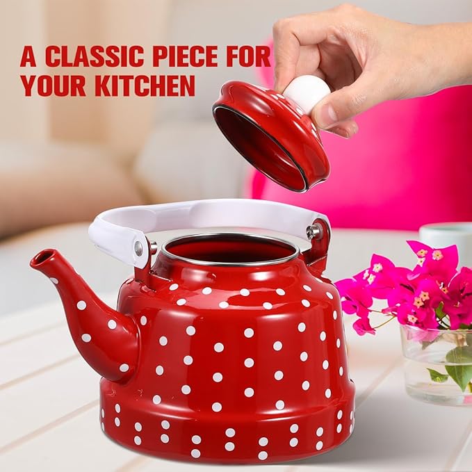 1.8 Quart Vintage Tea Kettle,Enamel Tea Kettle with Handle Cute Stovetop,Enamel on Steel Water Coffee,Colorful Hot Water Kettle for Home Kitchen Decor, No Whistling