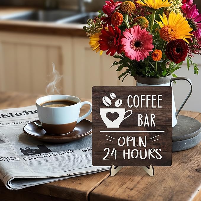 Coffee Bar Sign Plaque Decor, Vintage Farmhouse Kitchen Counter Sign for Coffee Station Kitchen Office,Cafe Bar Accessories, Open 24 Hours Mini Bar Decor(Brown4, 5.9x5.9inches)