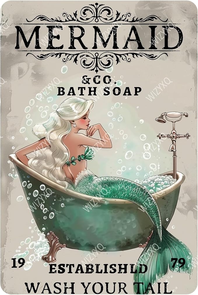 Funny Metal Signs Mermaid Company Bath Soap Vintage Tin Sign Wall Decor for Room Living Room Bathroom Toilet Hotel 8×12 Inches by CreatingThoughtfullyDesigned
