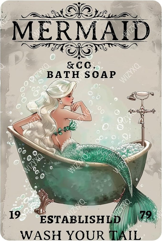 Funny Metal Signs Mermaid Company Bath Soap Vintage Tin Sign Wall Decor for Room Living Room Bathroom Toilet Hotel 8×12 Inches by CreatingThoughtfullyDesigned