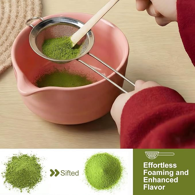 YOLIFE 7 Pcs Matcha Whisk Set, Includes Matcha Bowl with Spout, Bamboo Whisk (Chasen) with Ceramic Holder, Scoop and Powder Spoon, Sifter, Matcha Kit for Ceremony (Pink)