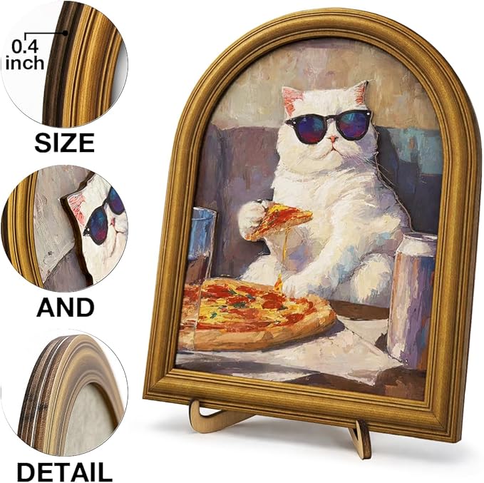 3D Funny Pizza Cat Wall Art Sign for Kitchen Decor, Cool Sunglasses Cat Portrait Decor, 8x10 Inch