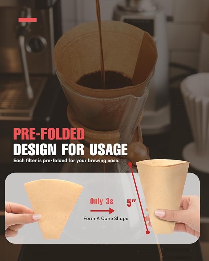 Pre-folded Unbleached Cone Coffee Filters 100 Count, Natural Upgraded 30% Thicker Paper Compatible with 1-3 Cup Chemex Pour over Coffee Maker