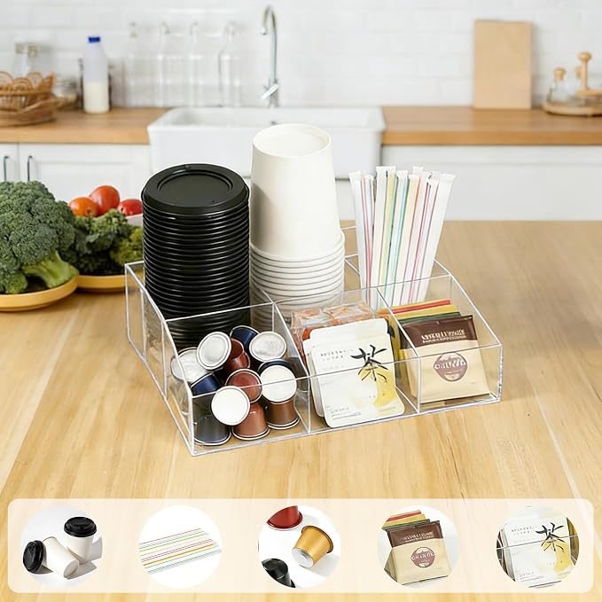 Acrylic Coffee Bar Station Organizer for Countertop Office Breakroom, Clear Tea Snack Storage Coffee Capsule Pod Holder for Kcup Condiment Sugar Creamer Syrup, Easter Gift for Coffee Lovers - Image 7