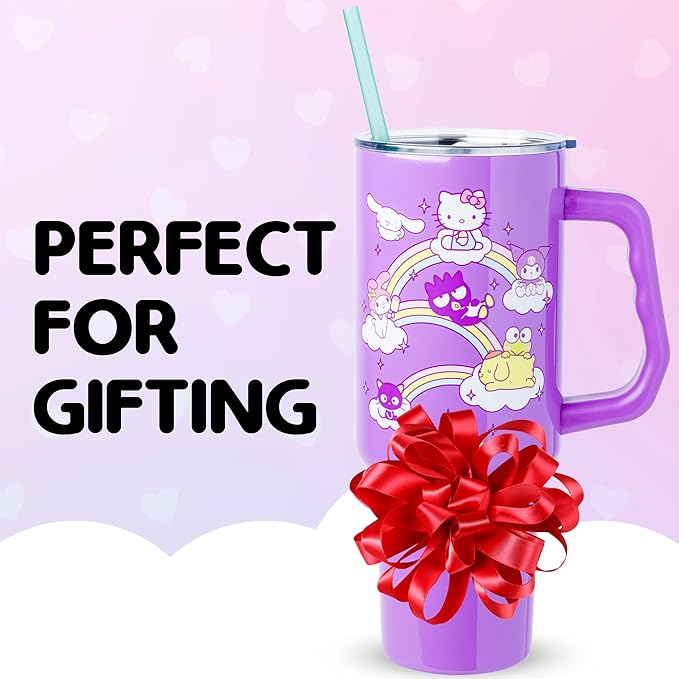 Silver Buffalo Sanrio Hello Kitty and Friends Featuring My Melody, Cinnamoroll, Kuromi, Chococat, Badtz-Maru, Keroppi, and Pompompurin Double Walled Stainless Steel Tumbler with Handle, 40 Ounces