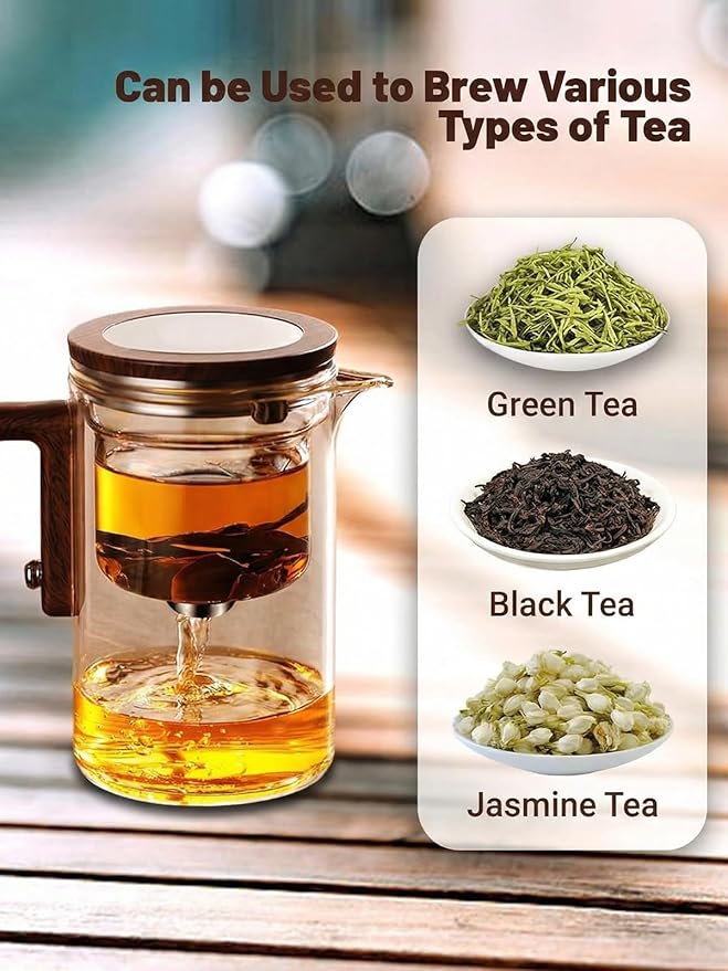 Tea Pot, Water Separation Glass Teapot with Wooden Handle, Magical Teapot, Glass Tea pot with Infuser Strainer, Magic Tea Pot (600ml)