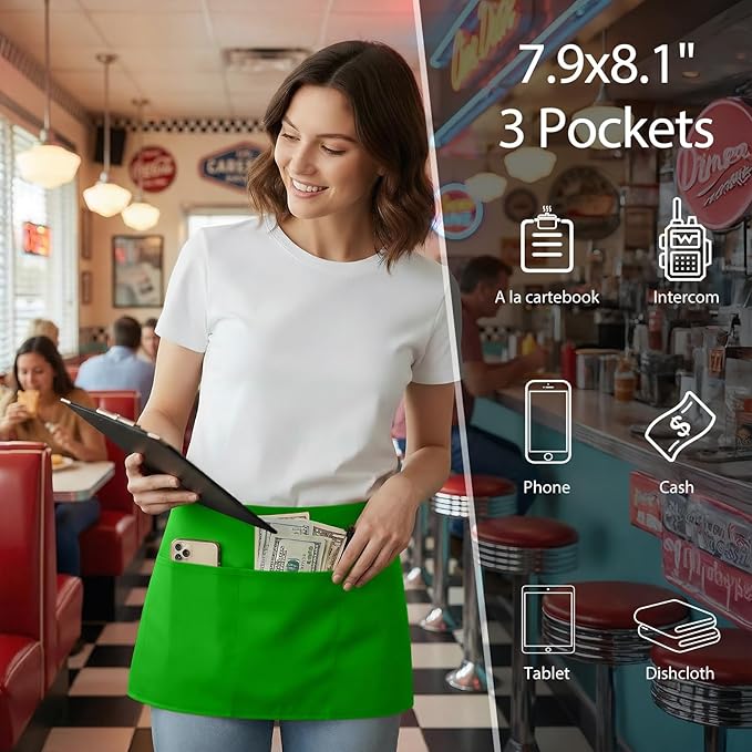 BOHARERS Waist Apron with 3 Pockets - Green Waitress Waiter Server Short Apron