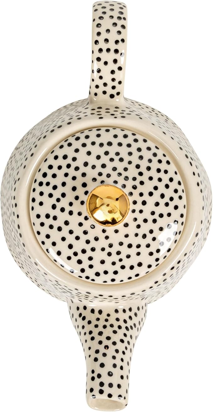 White Stoneware Teapot with Black Speckles & Gold Electroplating